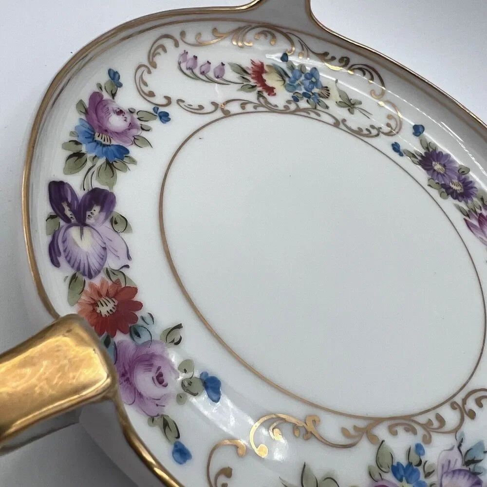 Vtg Round Hand Painted Nappy Trinket Dish 3 Handle Floral Colorful Cottagecore